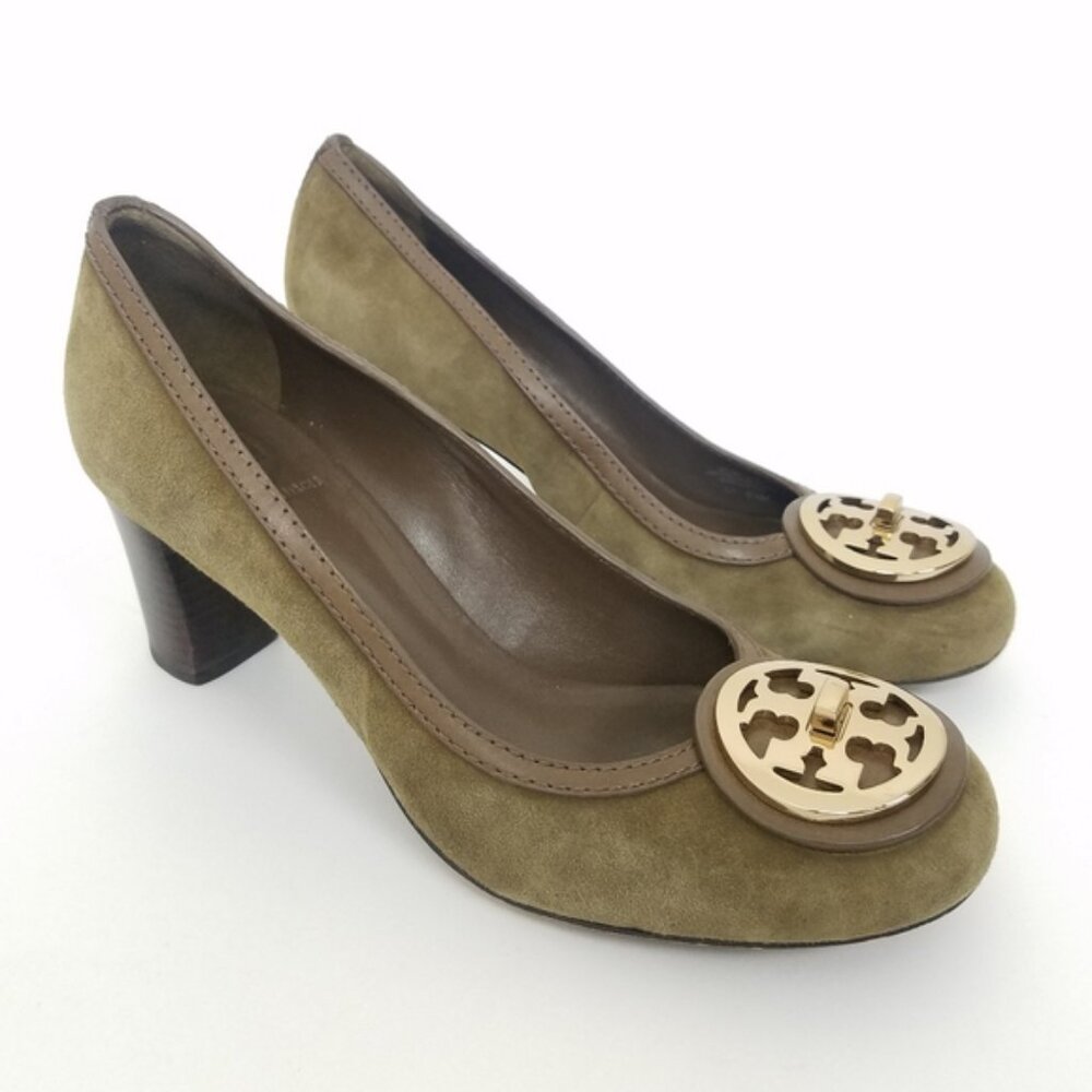 Tory Burch Selma Logo Suede Stacked Heel Pumps